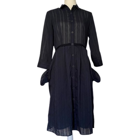 ATM Anthony Thomas Melillo Navy Sheer Stripe Lined Button Down Dress Small New - Picture 6 of 6